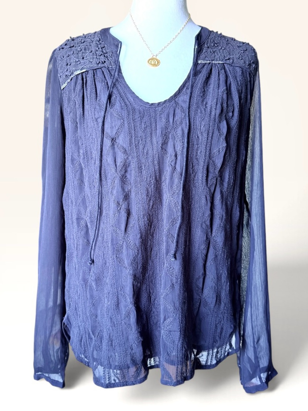 Anthropologie Tiny "Paix" Navy Embroidered Peasant Boho Blouse